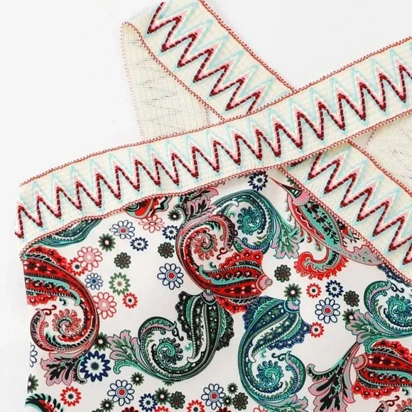 Boho Paisley Chevron Stripe Tape High Neck One Piece Swimsuit - Picture 8 of 8